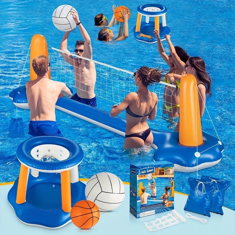 Party Games Summer - Grote opblaasbare zwembadvlotset met volleybalnet, basketbalring,